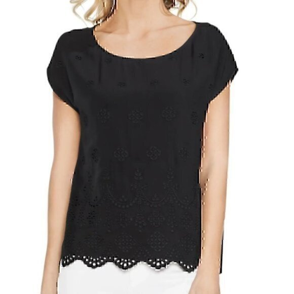 NWOT VINCE CAMUTO Scalloped Eyelet Top Solid Black Blouse Short Sleeve Viscose - Picture 1 of 7
